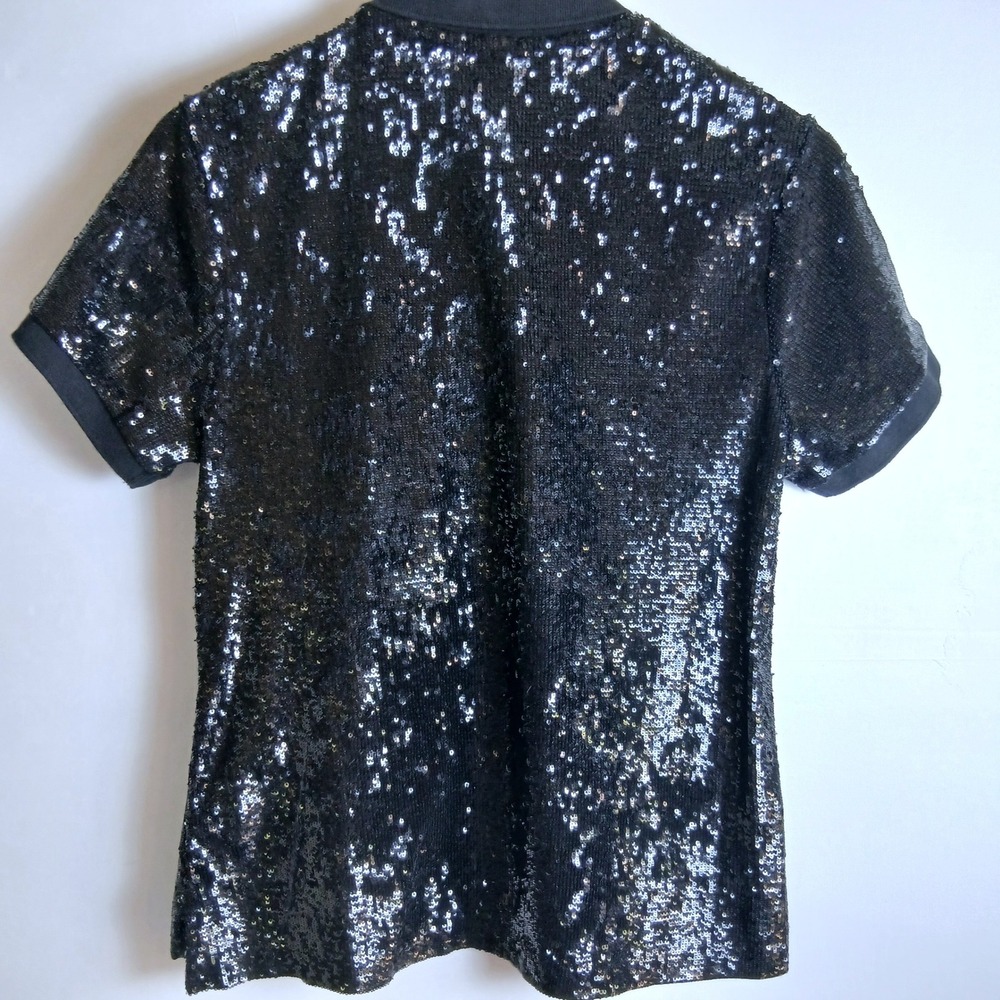 Polo Ralph Lauren Black Sequin Short Sleeve Polo Shirt Red Pony Logo Large - Picture 6 of 12